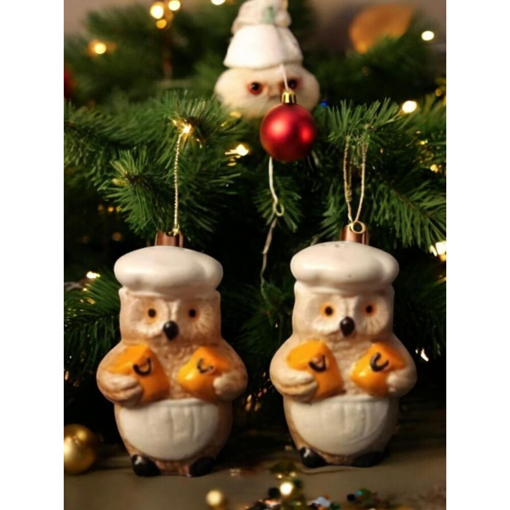 Vintage Owl Baker Cap Apron holding Canisters Salt and Pepper Shakers